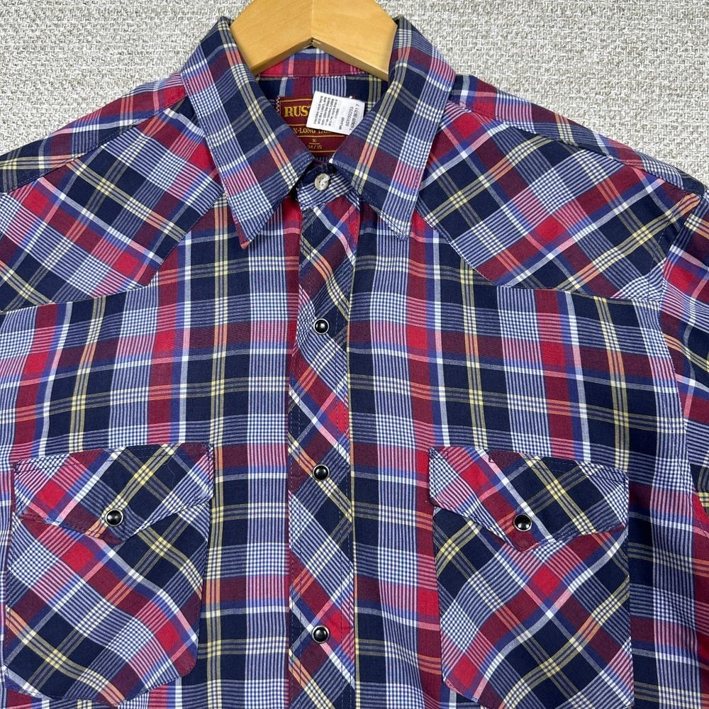 Rustler Sz 16 34/35 Shirt X-Long Tail Plaid Pearl Snap Western Cowboy‎ Rodeo